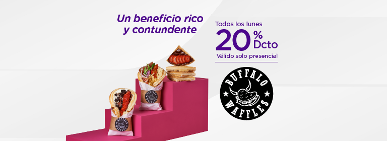 Un beneficio rico y contundente, todos los Lunes, 20% de descuento, válido solo presencial en Buffalo Waffles
