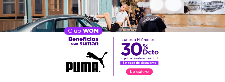 Club WOM Beneficios que suman | Lunes a Miércoles 30% de dcto, sin tope de descuento, online en Puma