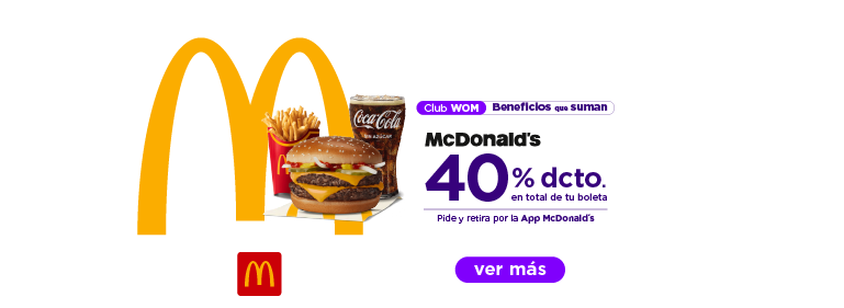 Club WOM Beneficios que suman - McDonald's, 40% de descuento en total de tu boleta, pide y retira por la App McDonald's - ver más