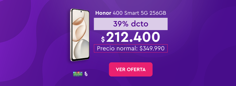 portate y dale un refresh a tu equipo, 24 cuotas sin interes con bancos asociados, Banco de Chile, Santander, Itaú | 12 cuotas sin interes Mastercard Visa | Despacho Gratis | Honor 400 Smart 5G 256GB, precio total $212.400 | Precio normal $349.990 | Ver Oferta