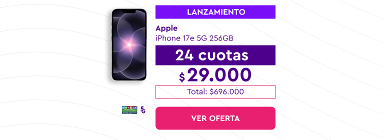 Aquí hay WOM, aquí hay match! - Renuévate ya | 24 cuotas sin interés con bancos asociados | Despacho Gratis | Lanzamiento | Apple iPhone 17e 5G 256GB, 24 cuotas de $29.000 | Total: $696.000 | Ver Oferta