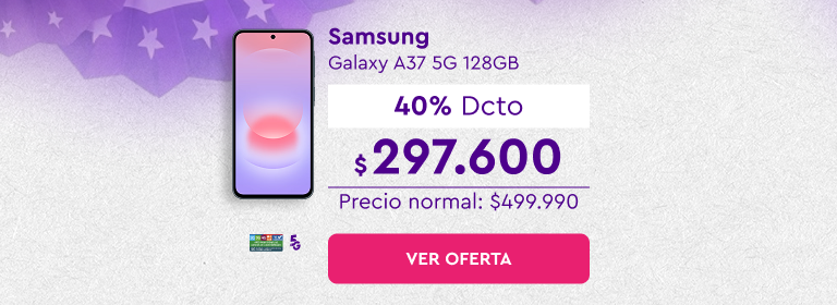 Renueva tu equipo - 24 cuotas sin interés con bancos asociados | 5G | Despacho Gratis | Samsung Galaxy A37 5G 128GB | 40% Dcto $297.600 | Precio normal: $499.990 | Ver oferta