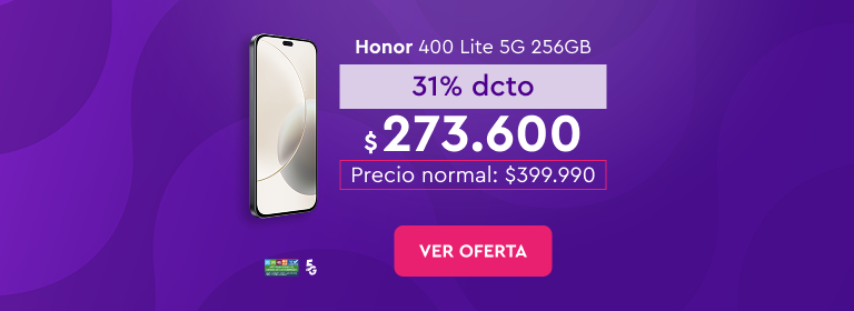 portate y dale un refresh a tu equipo, 24 cuotas sin interes con bancos asociados, Banco de Chile, Santander, Itaú | 12 cuotas sin interes Mastercard Visa | Despacho Gratis | Honor 400 Lite 5G 256GB, 31% dcto $273.600 | Precio normal $399.990 | Ver Oferta