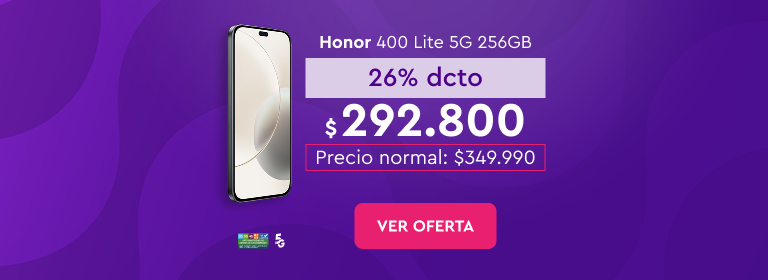 Pórtate y dale un refresh a tu equipo, 24 cuotas sin interes con bancos asociados, Banco de Chile, Santander, Itaú | 12 cuotas sin interes Mastercard Visa | Despacho Gratis | Honor 400 Lite 5G 256GB, 31% dcto $273.600 | Precio normal $399.990 | Ver Oferta