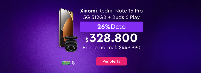 Lo mejor de ser WOM en esta vuelta a clases, 24 cuotas sin interes con bancos asociados | Despacho Gratis | 5G | Xiaomi Redmi Note 15 Pro 5G 512GB + Buds 6 Play, 26% dcto: $328.800 | Precio normal $449.990 | Ver Oferta