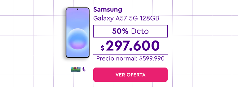 Este día del niño se celebra - 24 cuotas sin interés con bancos asociados | 5G | Despacho Gratis | Samsung Galaxy A57 5G 128GB | 50% Dcto $297.600 | Precio normal: $599.990 | Ver oferta