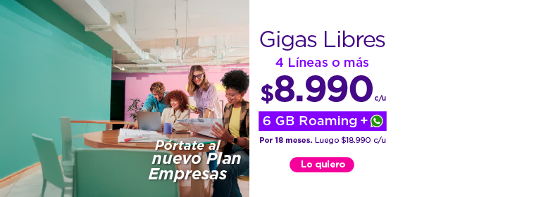 Tu empresa mas conectada | Doble de Gigas 4 lineas o mas 800GB | $8.490 c/u por 18 meses. Luego $16.990 c/u | Lo quiero