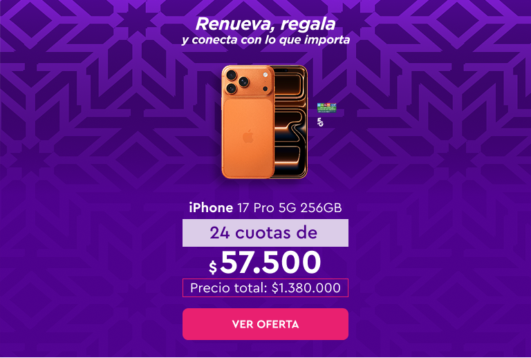 Renueva, regala y conecta con lo que importa 24 cuotas sin interes con bancos asociados Banco de Chile Santander Itaú | 12 cuotas sin interes Mastercard Visa | Despacho Gratis | 5G | Apple iPhone 17 Pro 5G 256GB 24 cuotas de $57.500 Precio total: $1.380.000 Ver oferta