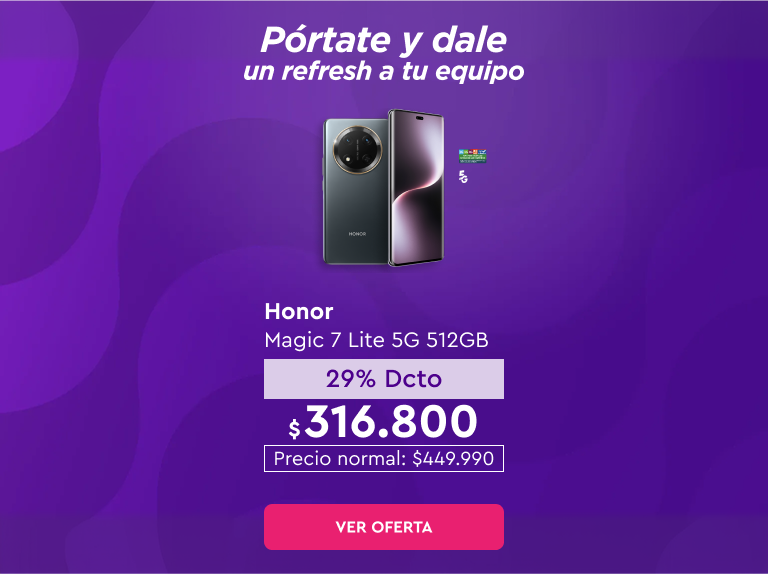 Portate y dale un refresh a tu equipo |  24 cuotas sin interes con bancos asociados Banco de Chile Santander Itaú | 12 cuotas sin interes Mastercard Visa | Despacho Gratis | 5G | Honor Magic 7 Lite 5G 512GB 34% Dcto Precio normal: $449.990 Ver oferta