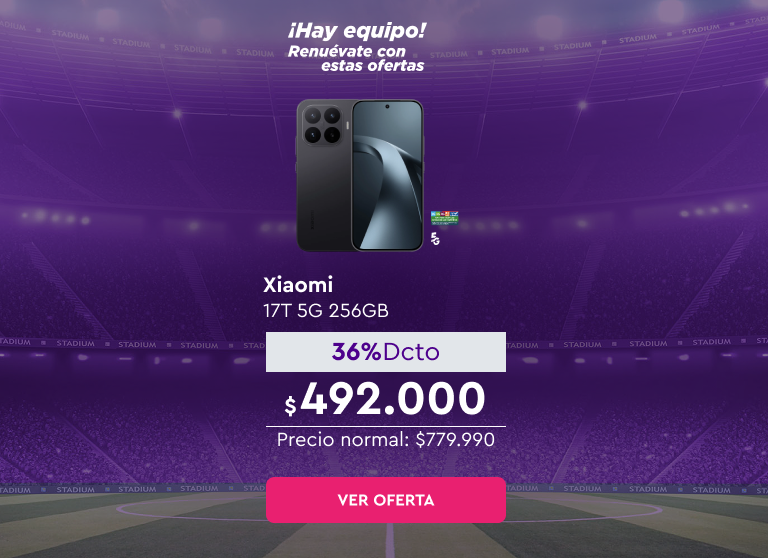 ¡Hay equipo! Renuévate con estas ofertas - 24 cuotas sin interés con bancos asociados | 5G | Despacho Gratis | Xiaomi 17T 5G 256GB | 36% Dcto $492.000 | Precio normal: $779.990 | Ver oferta