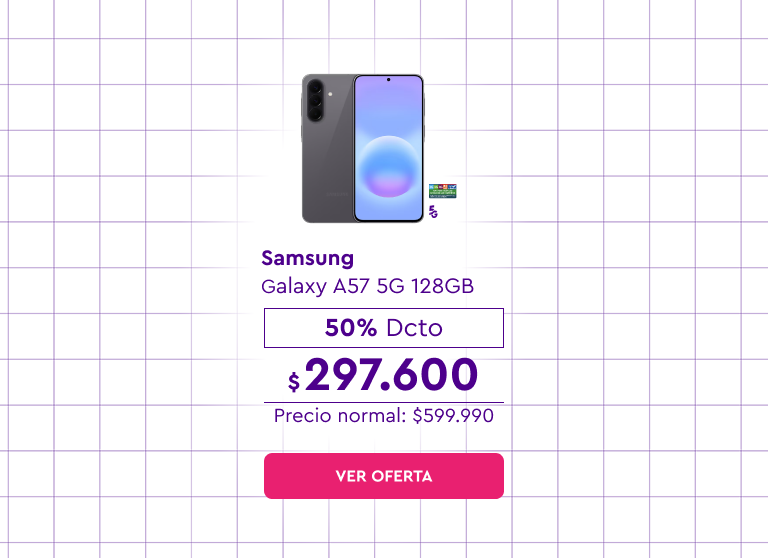 Este día del niño se celebra - 24 cuotas sin interés con bancos asociados | 5G | Despacho Gratis | Samsung Galaxy A57 5G 128GB | 50% Dcto $297.600 | Precio normal: $599.990 | Ver oferta