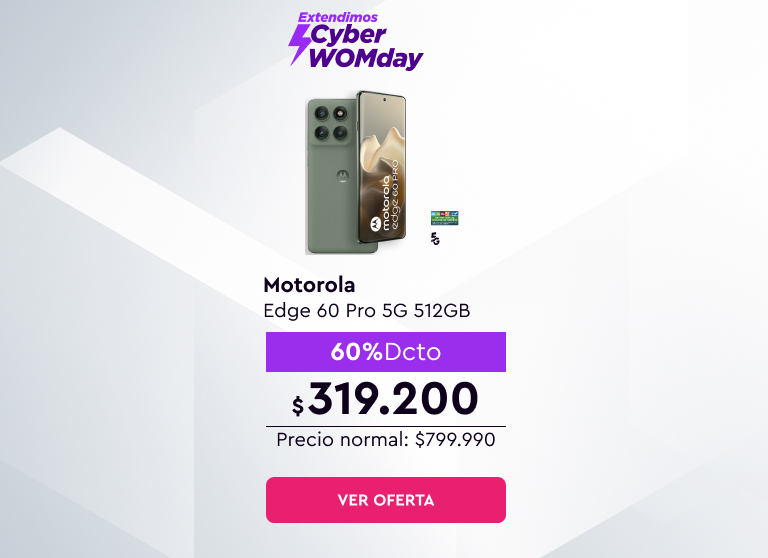 Extendimos - Cyber WOMday 24 cuotas sin interes con bancos asociados | 5G | Despacho Gratis | Motorola Edge 60 Pro 5G 512GB | 60% Dcto $319.200 | Precio normal: $799.990 | Ver oferta