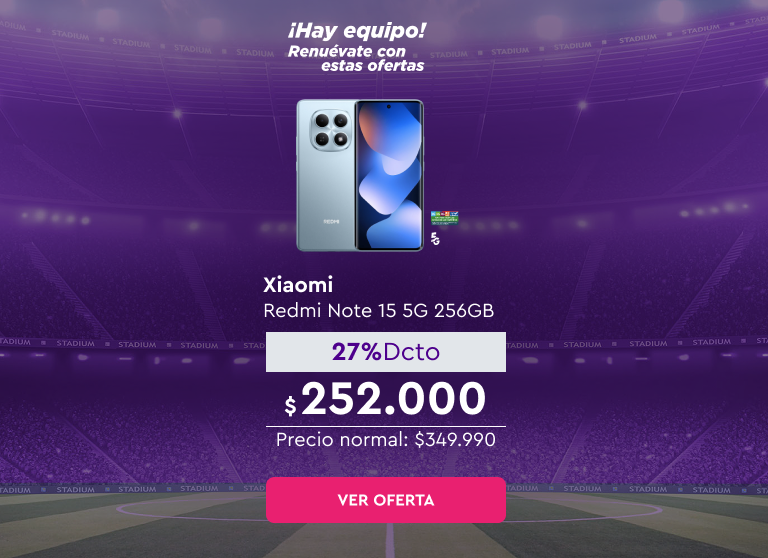 ¡Hay equipo! Renuévate con estas ofertas - 24 cuotas sin interés con bancos asociados | 5G | Despacho Gratis | Xiaomi Redmi Note 15 5G 256GB | 27% Dcto $252.000 | Precio normal: $349.990 | Ver oferta
