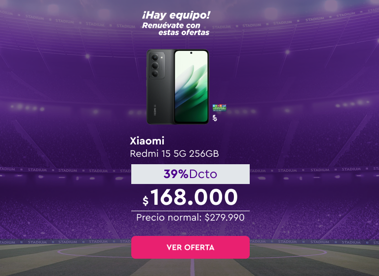 ¡Hay equipo! Renuévate con estas ofertas - 24 cuotas sin interés con bancos asociados | 5G | Despacho Gratis | Xiaomi Redmi Note 15 5G 256GB | 39% Dcto $168.000 | Precio normal: $279.990 | Ver oferta