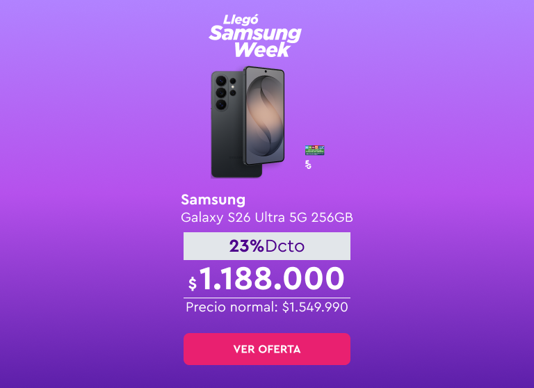 Llegó Samsung Week | 24 cuotas sin interés con bancos asociados | Despacho Gratis | 5G | Samsung Galaxy S26 Ultra 5G 256GB | 23% Dcto $1.188.000 | Precio normal: $1.549.990 | Ver oferta