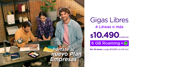 Portate al nuevo Plan Empresas | Gigas Libres 4 lineas o mas | $10.490 c/u por 18 meses. Luego $18.990 c/u