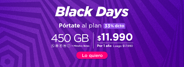 Portate al plan 450GB, y obten un 33% Dcto, $11.990 por 1 año