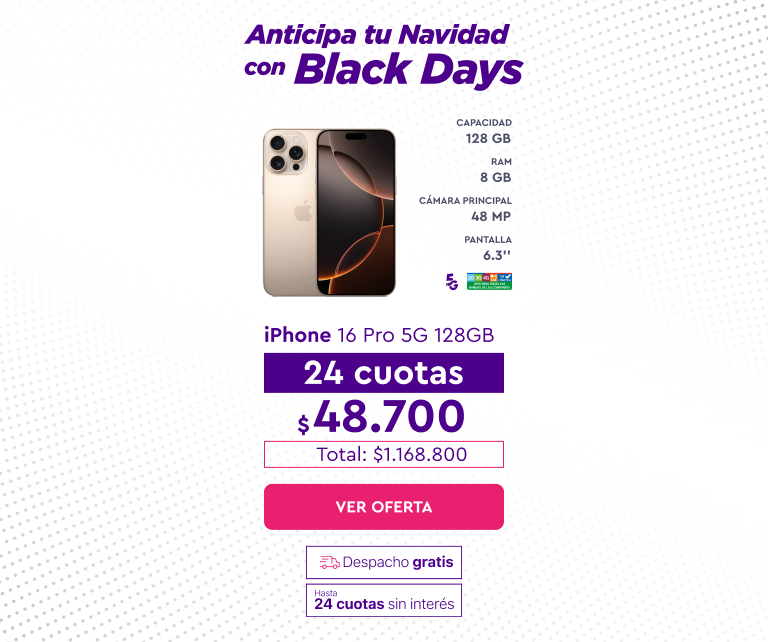 iPhone 16 Pro 5G 128GB, 24 cuotas de $48.700