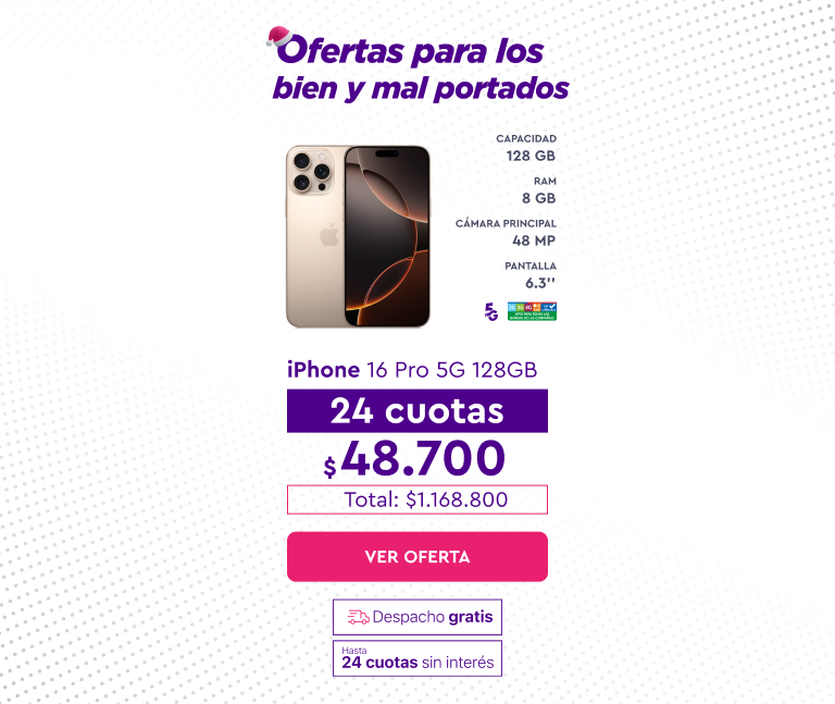 iPhone 16 Pro 5G 128GB, 24 cuotas de $48.700