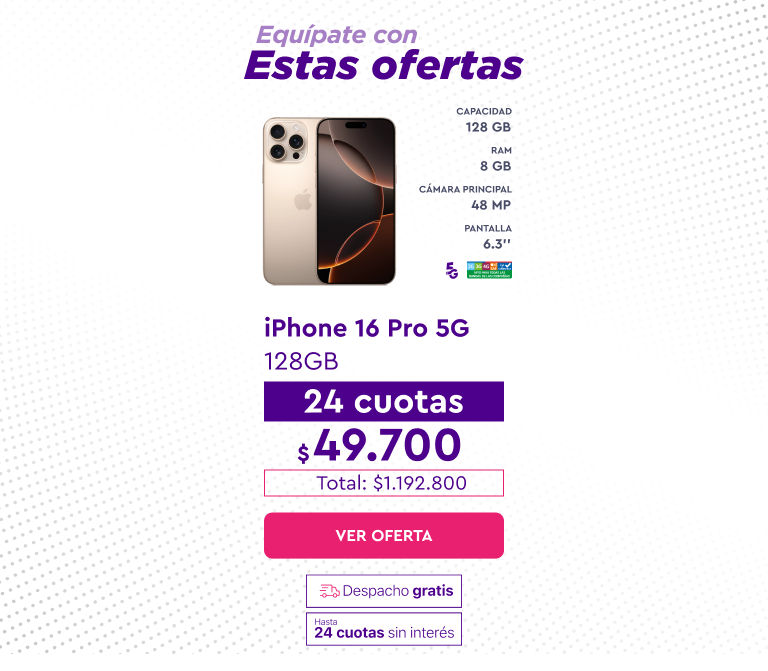 iPhone 16 Pro 5G 128GB, 24 cuotas de $49.700