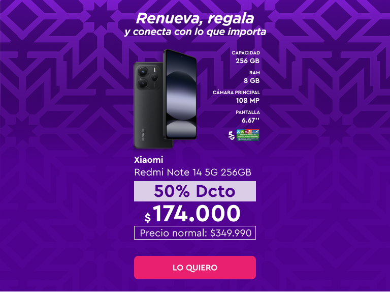 Renueva, regala y conecta con lo que importa | 5G | Despacho Gratis | Hasta 24 cuotas sin interes | Xiaomi Redmi Note 14 5G 256GB 50% Dcto $174.000 Precio normal: $349.990 | Lo quiero