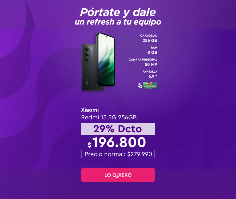 Portate y dale un refresh a tuequipo | 5G | Despacho Gratis | Hasta 24 cuotas sin interes | Xiaomi Redmi Note 15 5G 256GB 29% Dcto $196.800 Precio normal: $279.990 | Lo quiero