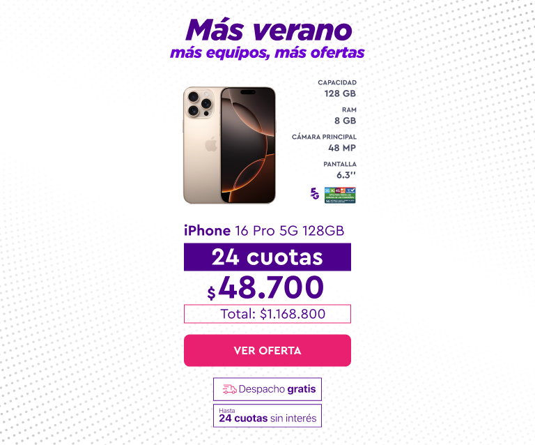 iPhone 16 Pro 5G 128GB, 24 cuotas de $48.700