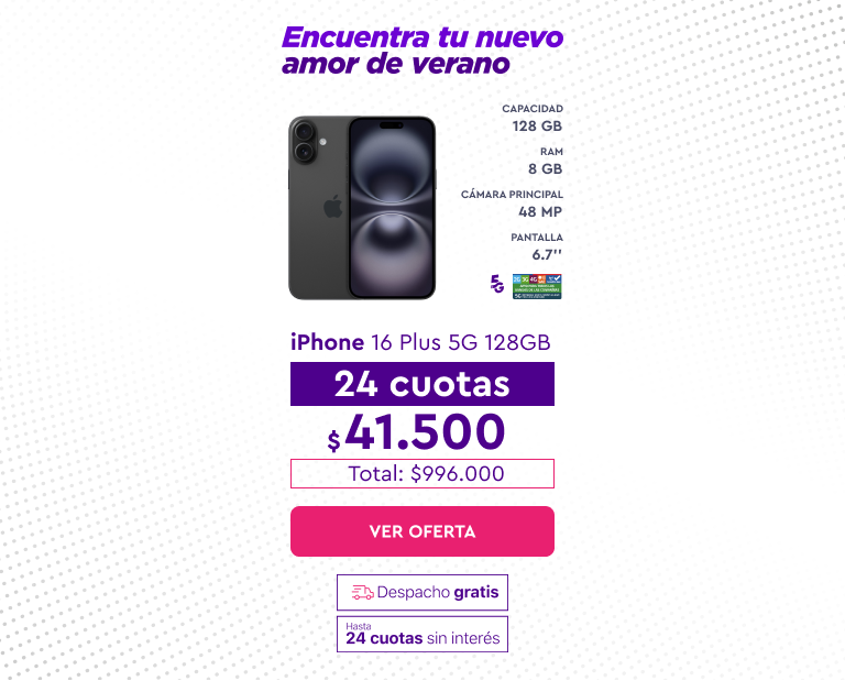 iPhone 16 Plus 5G 128GB, 24 cuotas de $41.500