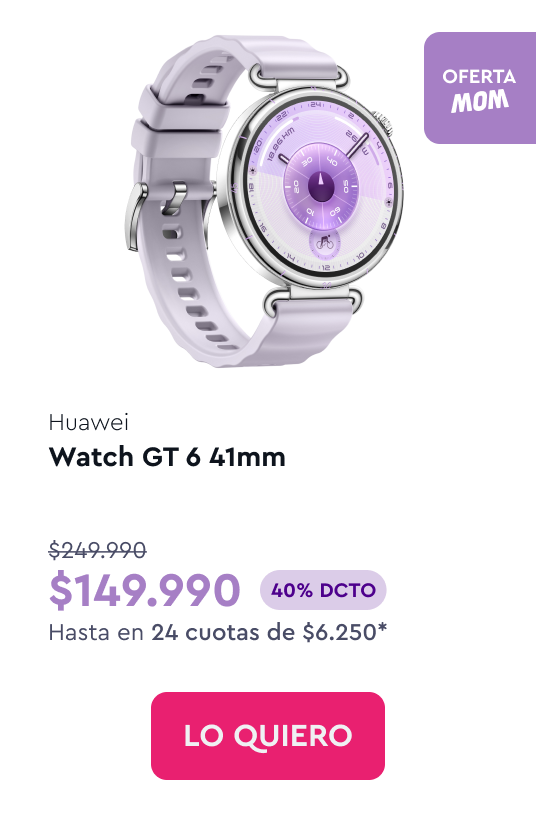 Huawei Watch GT 6 41mm - 24 cuotas $6.250 - Total $149.990