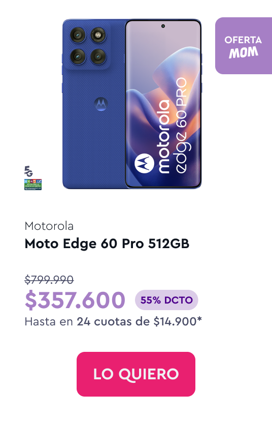 Motorola Edge 60 Pro 5G 512GB - 24 cuotas $14.900 - Total $357.600