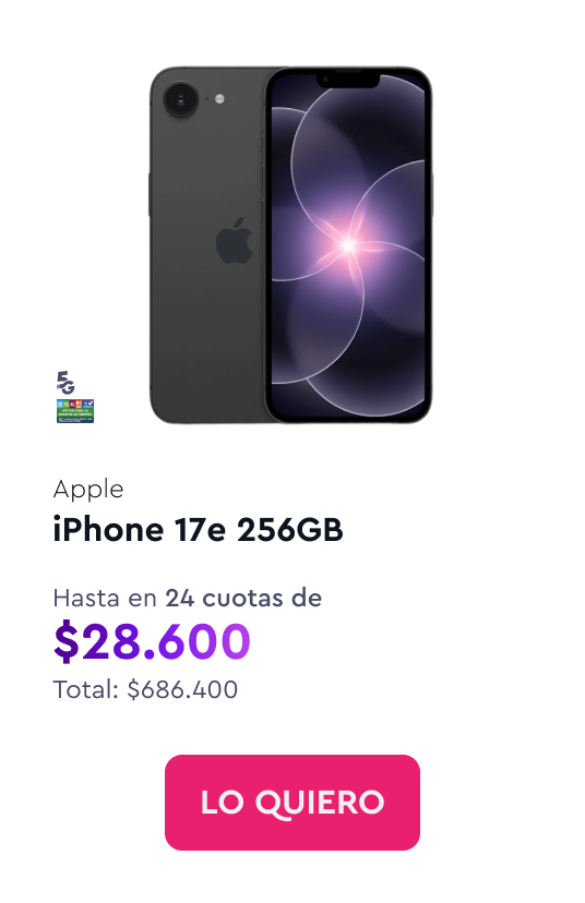 iPhone 17e 256GB - hasta en 24 cuotas de $28.600 - Total $686.400