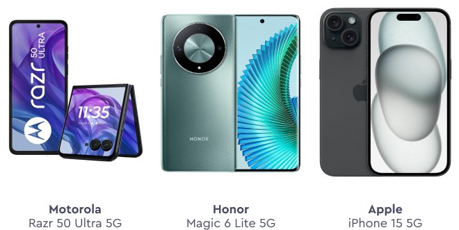 Motorola Razr Ultra 5G - Honor Magic Lite 5G - Apple iPhone 15 5G