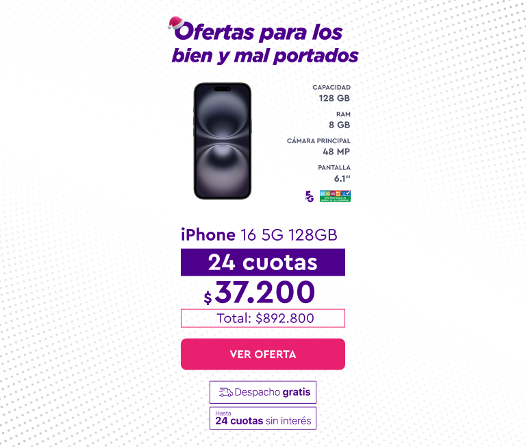 Apple iPhone 16 5G 128GB, 24 cuotas de $37.200