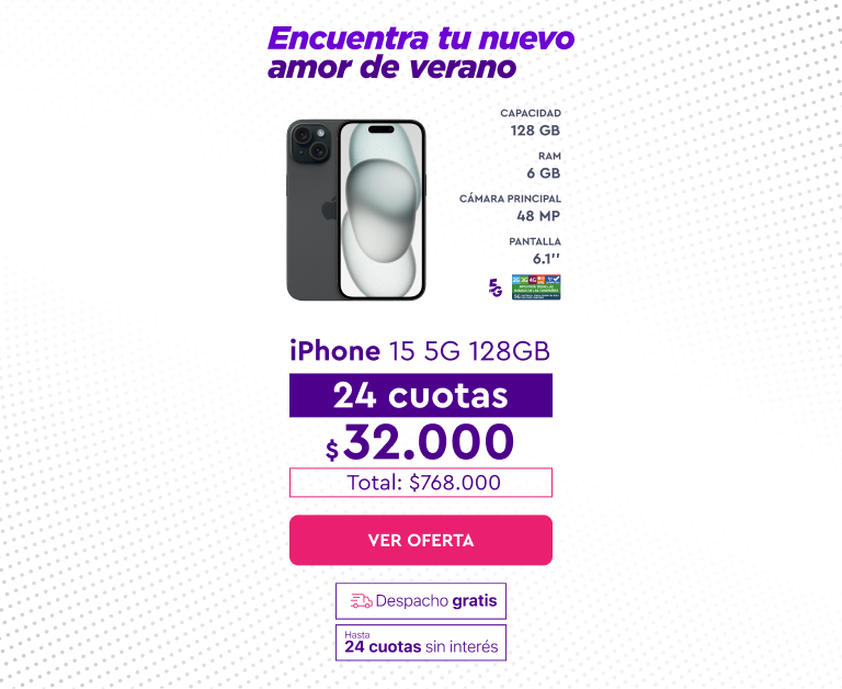 Apple iPhone 15 5G 128GB, 24 cuotas de $32.000