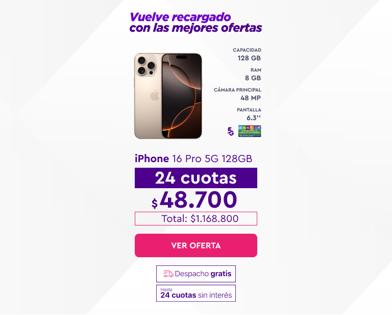 Apple iPhone 16 Pro 5G 128GB, 24 cuotas de $48.700