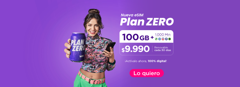 Nuevo Plan Zero - 100GB + 1000 minutos + RRSS $9.990 por 30 dias | Se renueva automaticamente con tu saldo - Lo quiero